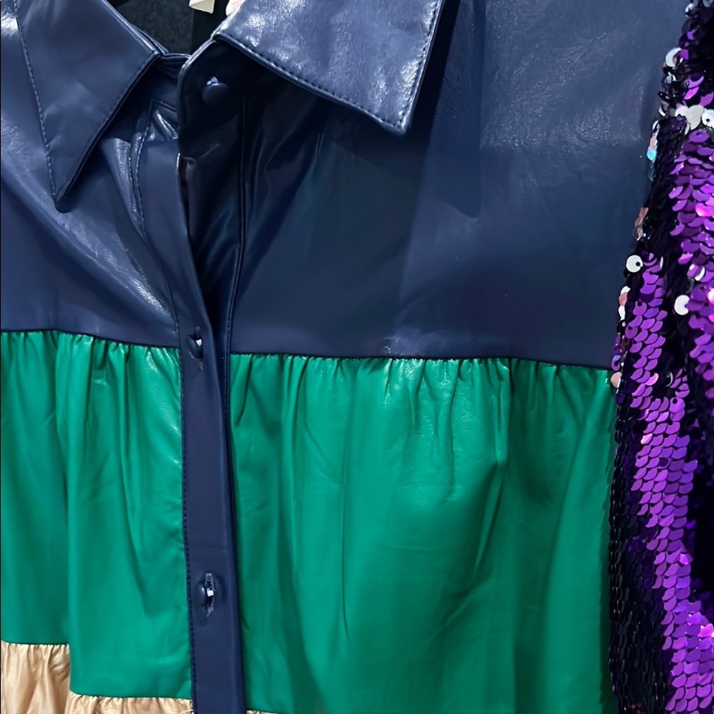 Peach Love Rainbow Sequin Pleather Colorblock Embellished Dress - Picture 3 of 4